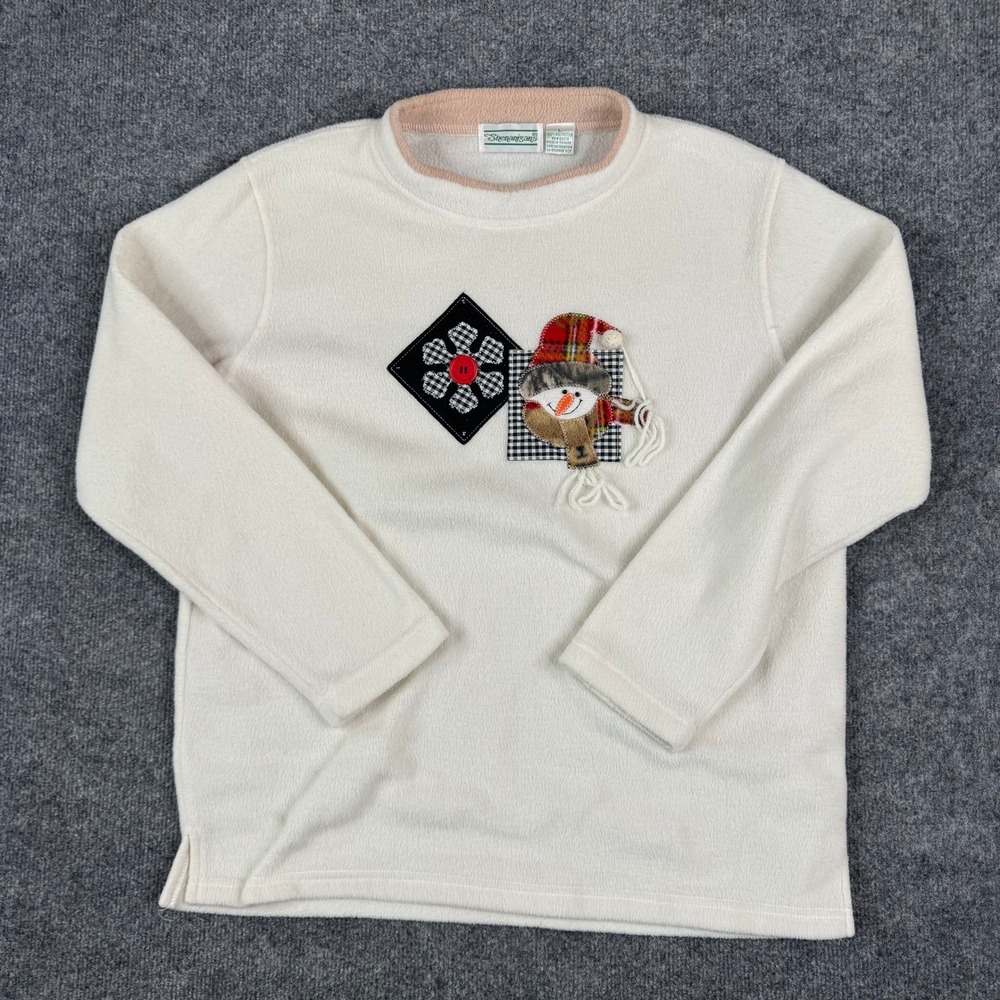 Shenanigans Fleece Sweatshirt Womens Size L Cream Snowman Patch Holiday Cozy